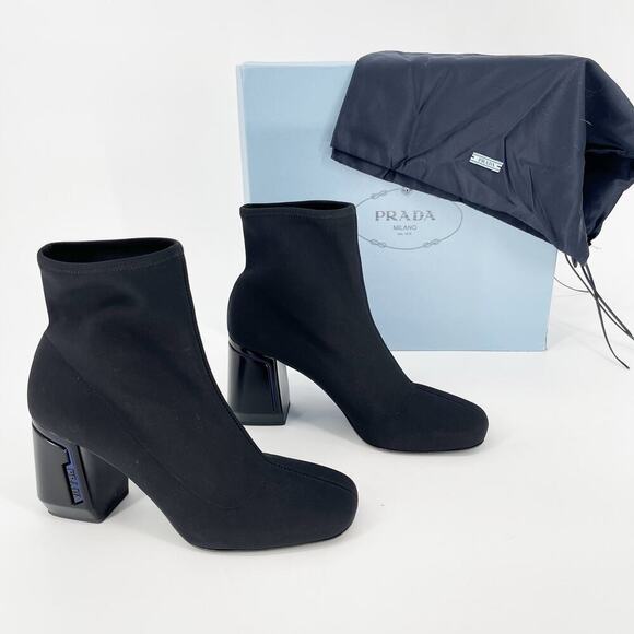 Prada Black Square Toe Logo Block Heel Nylon Ankle Sock Boot Bootie size IT 40 - Picture 1 of 15